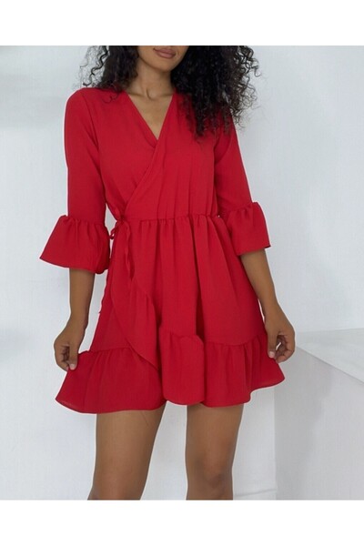 Modamorfo Φόρεμα Ayrobin με βολάν φούστα και μανίκια ελαστική μέση -κόκκινο