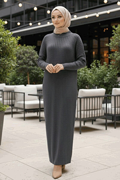 N.S NEVA STYLE Ribbed Smoked Hijab Knitwear Dress 33672Fu