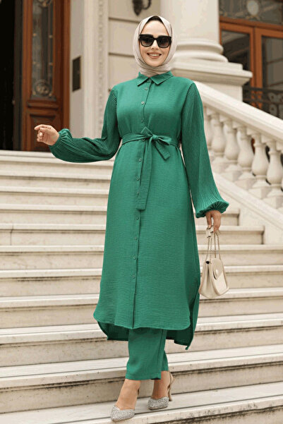Neva Style Green Buttoned Hijab Double Set - 12581Y