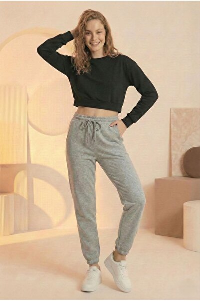 ESPİNA Γυναικείο κορδόνι με ελαστική μέση και πόδι με τρεις κλωστές πλεκτό φούτερ Jogger Grey