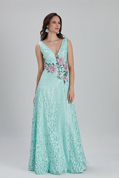 Neva Style Βραδινό φόρεμα με λεπτομέρεια λουλουδιών 7626MINT