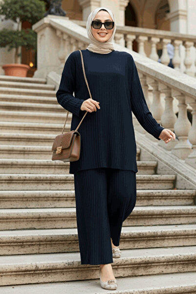 N.S NEVA STYLE Pleated Navy Blue Hijab Double Set 12107L