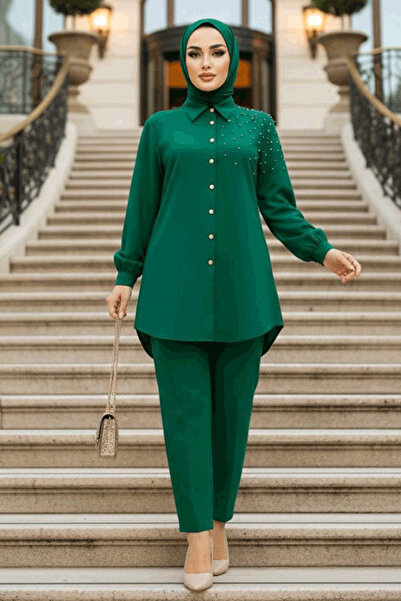 Neva Style Pearl Detailed Green Hijab Double Suit 12461Y