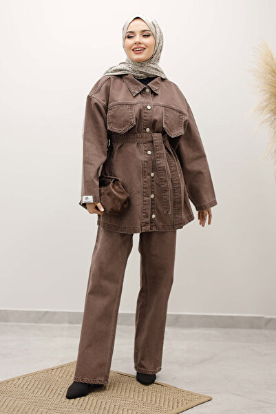 Tesettür Dünyası Σετ τζιν με ζώνη TSD250231 Milky Brown