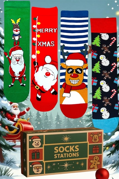 Socks Stations Новогодишен комплект от 4 чифта чорапи Цветни чорапи и чорапи с шарки Модели чорапи за жени и мъже