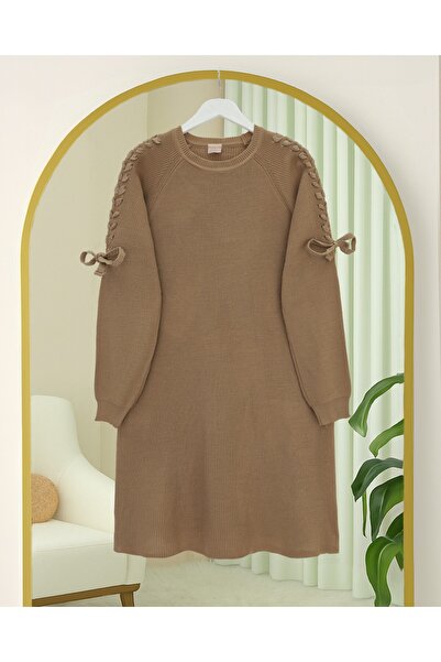 Modamorfo Casual Knitwear Tunic with Braided Shoulders - Mink