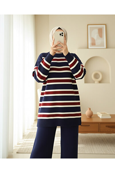Modamorfo Round Neck Colorful Striped Casual Knitwear Set - Navy