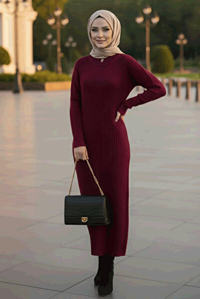 N.S NEVA STYLE Ribbed Burgundy Hijab Knitwear Dress 33672Br