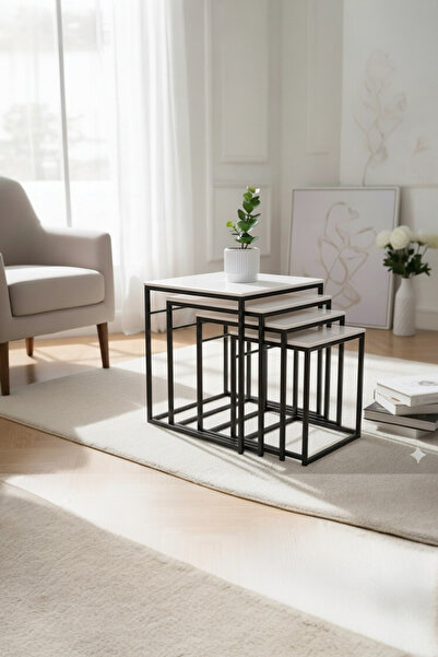 usta mekan Eylül 4 lü Kare Siyah - Beyaz Zigon Sehpa