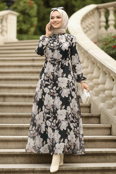 Neva Style Φόρεμα Μαύρο Χιτζάμπ με Μοτίβο Λουλούδια 279015S