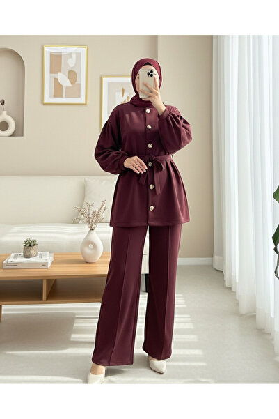 Modamorfo Balloon Sleeve Belted Front Buttoned Scuba Suit - Burgundy