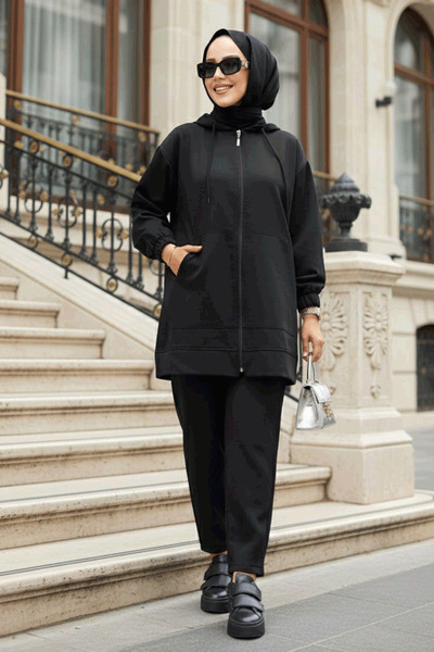 Neva Style Zippered Black Hijab Double Suit 10400S