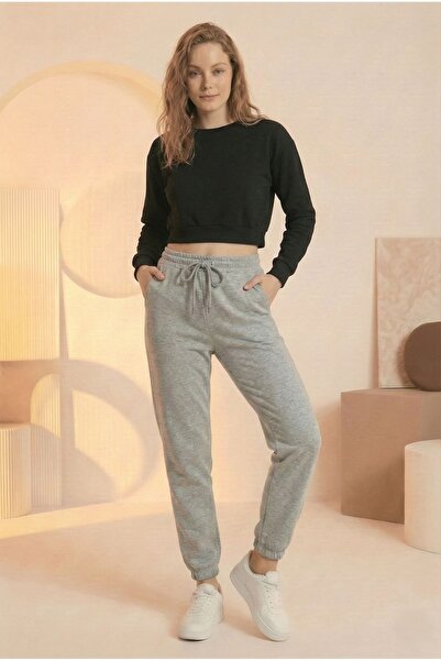 ESPİNA Γυναικείο κορδόνι με ελαστική μέση και πόδι με τρεις κλωστές πλεκτό φούτερ Jogger Grey