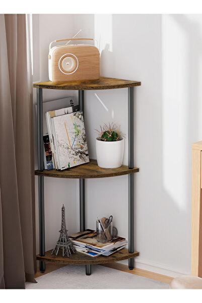 Generic Leon Home corner shelf unit with three tiers, featuring an industrial metal frame and rustic brown shelves.