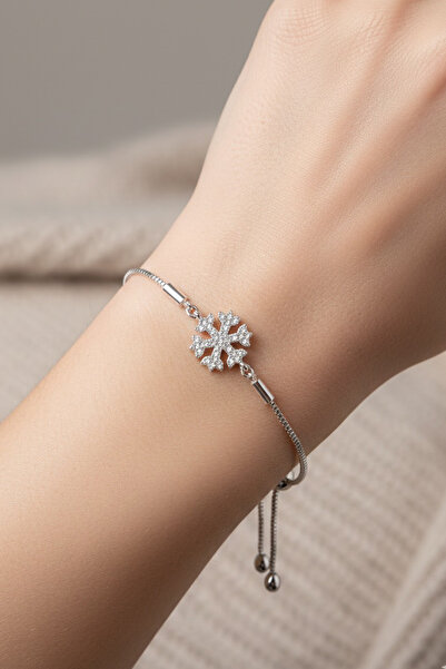 Duke Nickle Kadın Gümüş Zirkon Taşlı Kar Tanesi Asansörlü Halkalı Boncuklu Bileklik Dbbl3037
