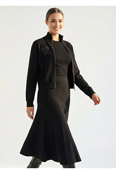 Exquise Zippered Mock Neck Long Sleeve Regular Knitwear Cardigan