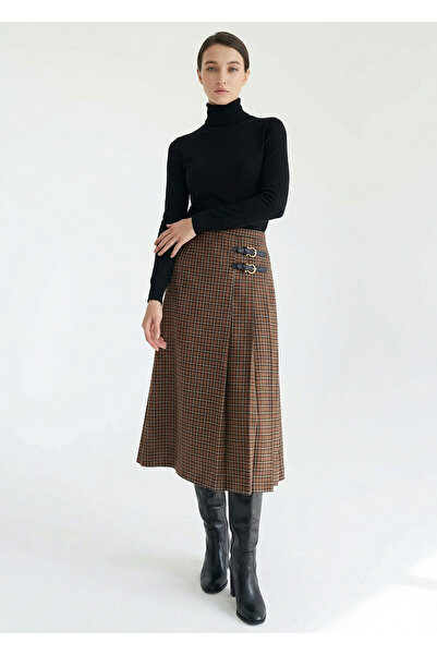 Exquise Çift Tokalı Ekose Desen Midi Dokuma Kloş Etek