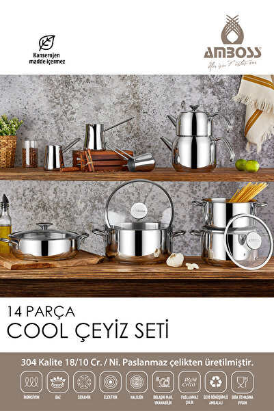 Amboss Cool 14 Parça Paslanmaz Çelik İndüksiyon Tabanlı Çeyiz Seti