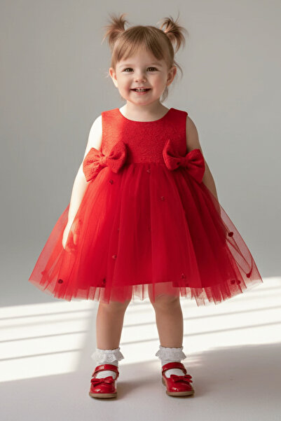 Bertuğ Bebek Brokar Kırmızı Hayal Tül Gül Detaylı Fiyonklu Abiye Elbise