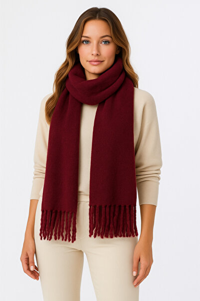 CapZone وشاح نسائي ناعم مزين بالشراشيب |   شال شتوي سميك ناعم باللون العنابي