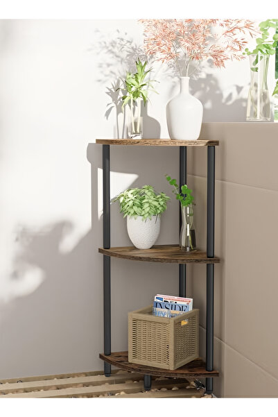 Generic Leon Home corner shelf unit with three tiers, featuring an industrial metal frame and rustic brown shelves.