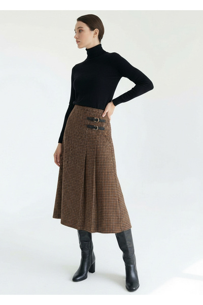 Exquise Çift Tokalı Ekose Desen Midi Dokuma Kloş Etek