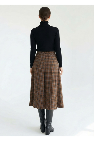 Exquise Çift Tokalı Ekose Desen Midi Dokuma Kloş Etek