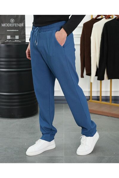 MODEFENDİ Men's Blue Elastic Waist Lace-Up Thick Wicking Pattern Jogger Pants