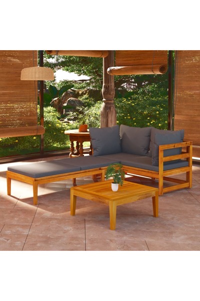 vidaxl طقم صالة حديقة من 3 قطع مع وسائد رمادية داكنة من خشب الأكاسيا