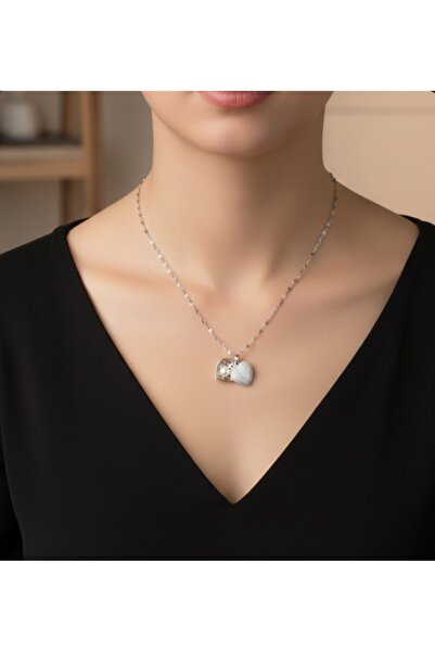 stainless steell saydam renk zincirli taşlı kalp model çelik kolye