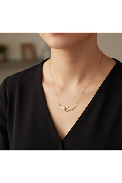 stainless steell altın renk zincirli tektaş motifli çelik kolye