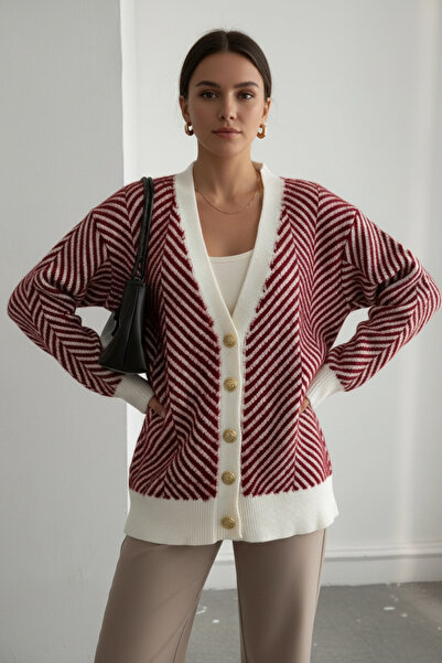 NEWCO Women's Button-Detail Daily and Office Stylish Yumoş Oversize Knitwear Sweater Cardigan - Red