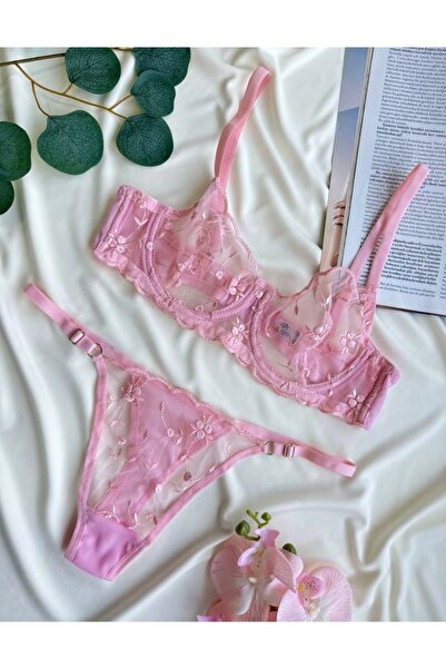 Tual Pembe Çiçekli Bralet İç Çamaşır Takımı