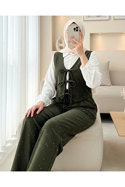 Modamorfo Tie-Front Vest Pants Velvet Suit - Khaki
