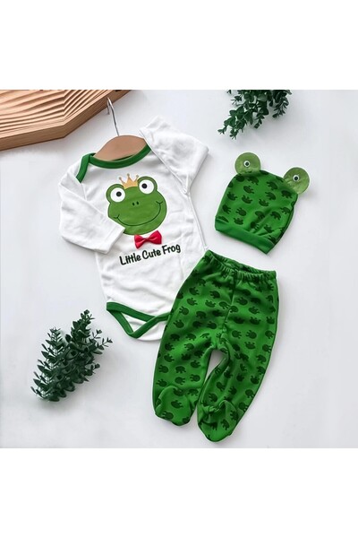 SSMEDIA Set of children's clothes - body, pants, and hat - frog design, size 62