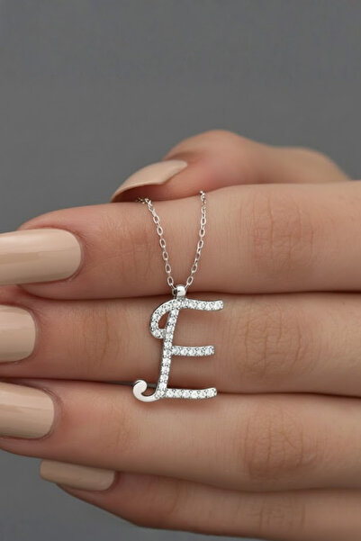 OSMANLI GÜMÜŞ Kadın Gümüş Kolye - 925 Ayar Gümüş Zirkon Taşlı E Harfi Kolye