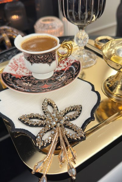 bibashka Siyah Gold Çiçek Işlemeli 2li Kokteyl Peçete