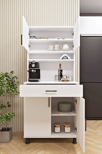 ASES Esl0173 Kahve Köşesi Çok Amaçlı Dolap 4 Kapaklı 1 Çekmeceli Kiler Mutfak Dolabı Beyaz