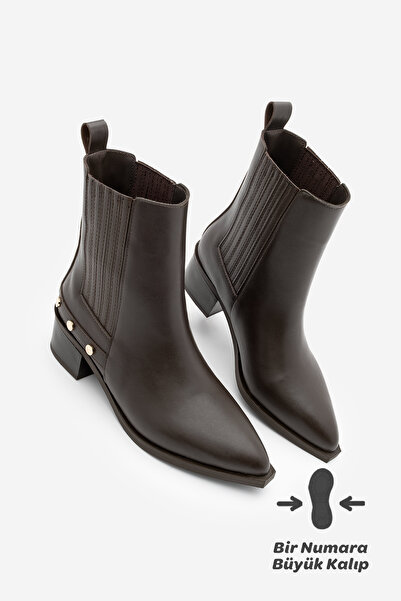 Marjin Women's Pointed Toe Chelsea Double Elastic Trock Studded Heeled Boots Alura Brown