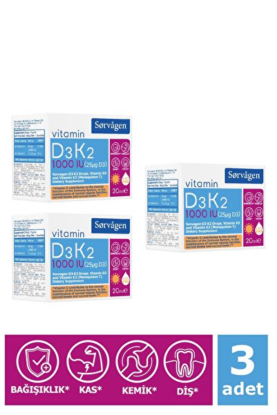 Sorvagen Vitamin D3K2 Drop 20 ml (1000 Iu)-(Vitamin D3 of German Origin) 3 Pieces