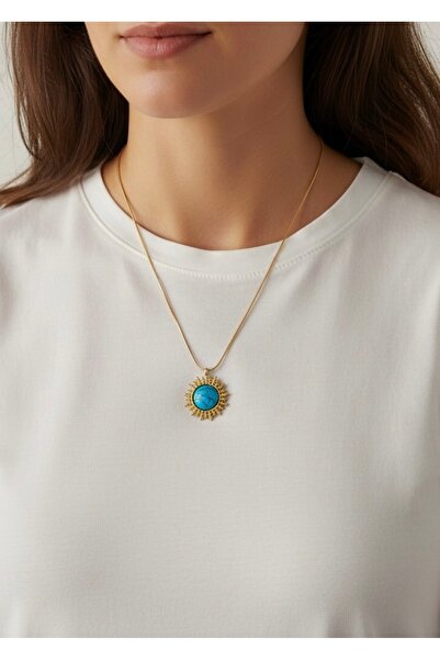 MODAMİRA AKSESUAR Güneş Figürlü Firuze Taşlı Çelik Kolye – 40+5 cm Ayarlanabi...