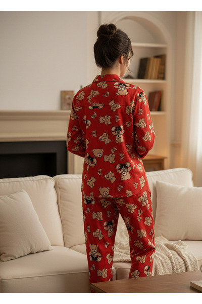 YusGos Women's Teddy Bear Teddy Bear Patterned Suede Buttoned Pajama Set (Red) Red 2XL