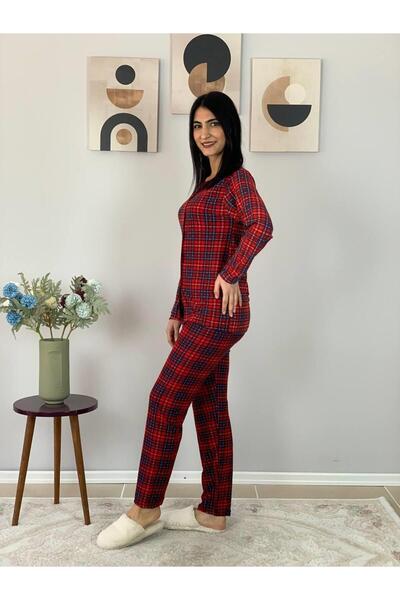 YusGos Women's Plaid Patterned Suede Buttoned Pajama Set (Red) Red 2XL