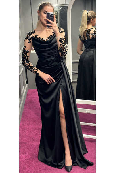 Abiyeniall Siyah Uzun Kollu Dantel Detaylı Yırtmaçlı Düz Kesim Saten Uzun Abi...