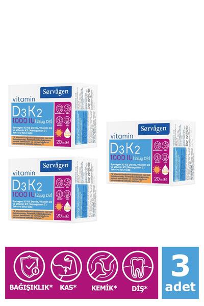 Sorvagen Vitamin D3K2 Drop 20 ml (1000 Iu)-(Vitamin D3 of German Origin) 3 Pieces