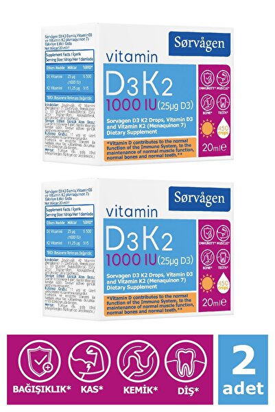 Sorvagen Vitamin D3K2 Drop 20 ml (1000 Iu) (Vitamin D3 of German Origin) - 2 Pieces