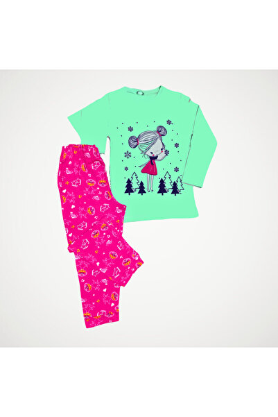 Newteam طقم بيجامة بناتي بنطال منقوش بأكمام طويلة 4103