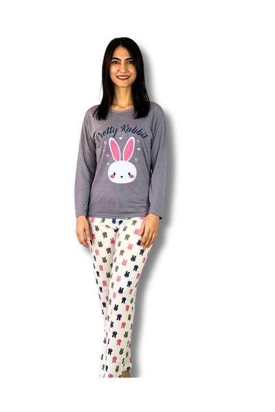 YusGos Women's Rabbit Patterned Pajama Set (Grey-White) Gray L