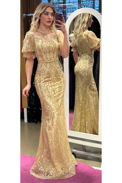 Abiyeniall Gold Balon Kollu Dantel Detaylı Düz Kesim Simli Uzun Abiye Elbise ...