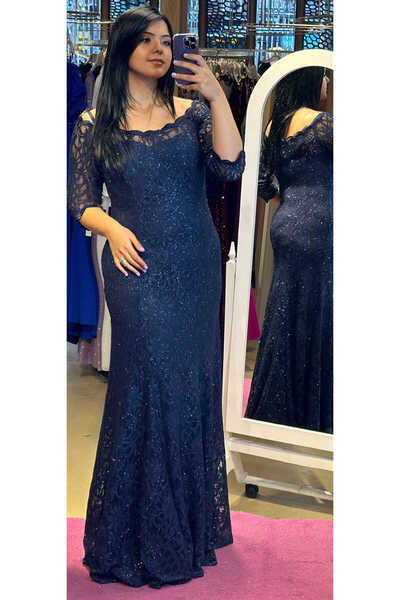 Abiyeniall Lacivert Kısa Kollu Dantel Detaylı Düz Kesim Simli Kumaş Uzun Abiy...